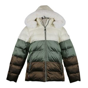 Abrigo de pluma sintética en tres colores , blanco , verde y marrón con gorro de mujer