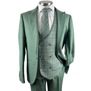 Traje de caballero en verde con chaleco de cuadros ingles