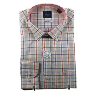 Camisa de cuadros grises con rayas rojas y azules